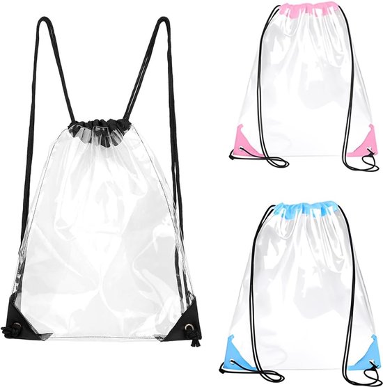 Sporttas 3-delige transparante rugzakset met trekkoord - sporttas voor fitness, reizen en meer, zwart, blauw, roze