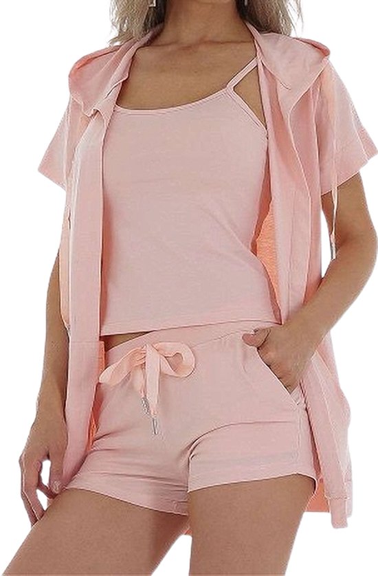 Dilena fashion korte broek top vest 3 delig set katoen cotton roze