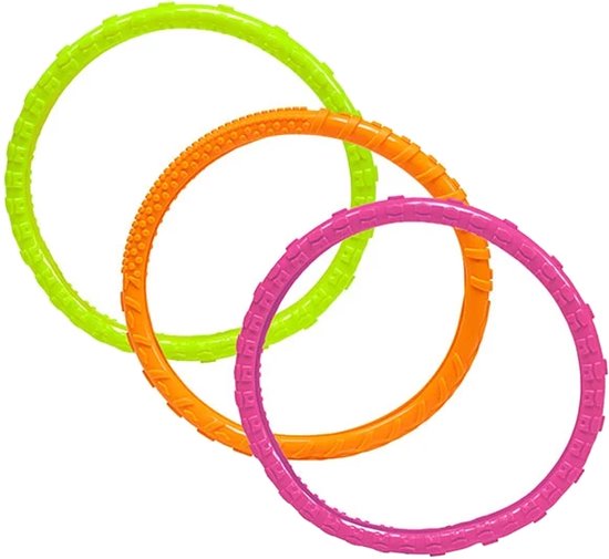 Drie gekleurde duikringen: roze, oranje en groen, met getextureerd oppervlak.