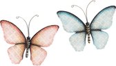 Anna Collection Wanddecoratie vlinders - 2x - blauw/roze - 32 x 24 cm - metaal - muurdecoratie - tuin beelden van dieren