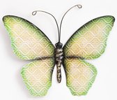 Anna Collection Wanddecoratie vlinders - 2x - groen/roze - 32 x 24 cm - metaal - muurdecoratie - tuin beelden van dieren