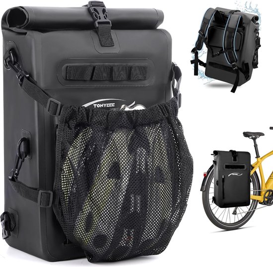 BTR Deluxe Bicycle Bag, Pannier Rack Bag, Waterproof and Reflective Protective Cover, Black, with Integrated Shoulder Strap, Reflectors