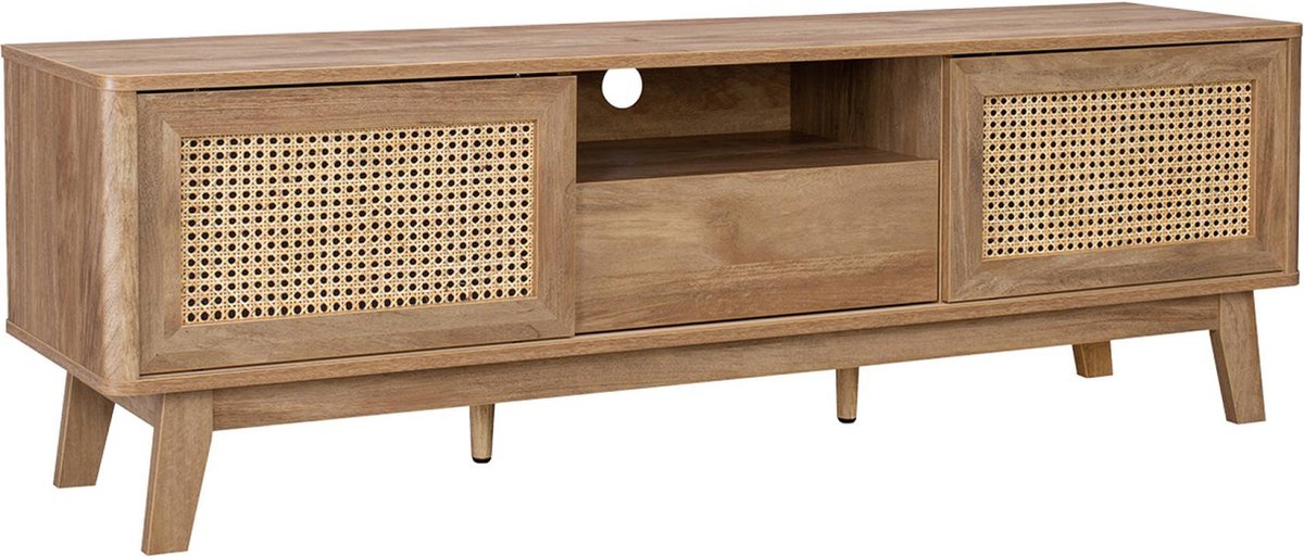 sweeek Tv-meubel met schuifdeuren, gesloten kastje, plank met hout- en rietmotief, 150cm Naturel