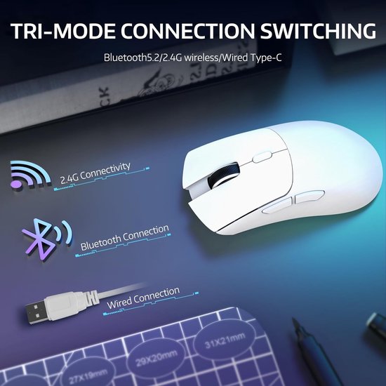 Witte gamingmuis met weergave van "TRI-MODE CONNECTION SWITCHING" en connectiviteitopties.