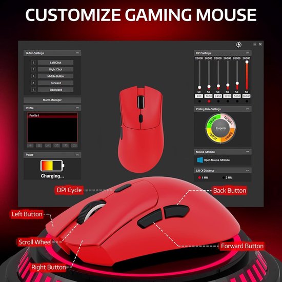 Software-interface voor het aanpassen van een rode gamingmuis, met knopinstellingen en DPI-opties.