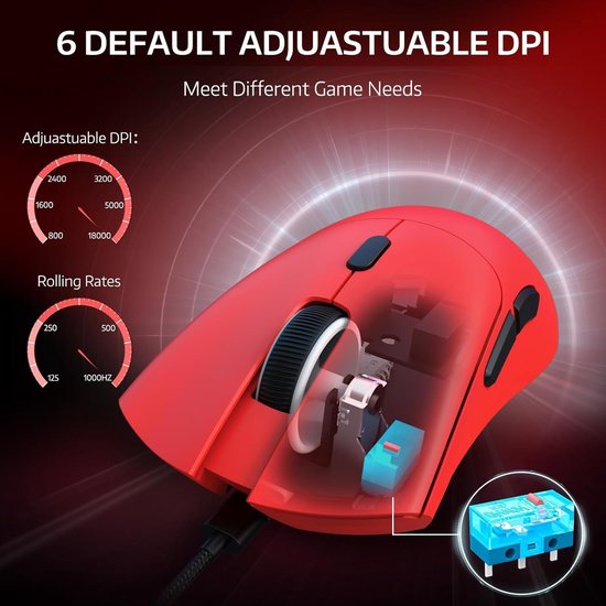 Rode gamingmuis met aanpasbare DPI en rolfrequenties, interieur zichtbaar.