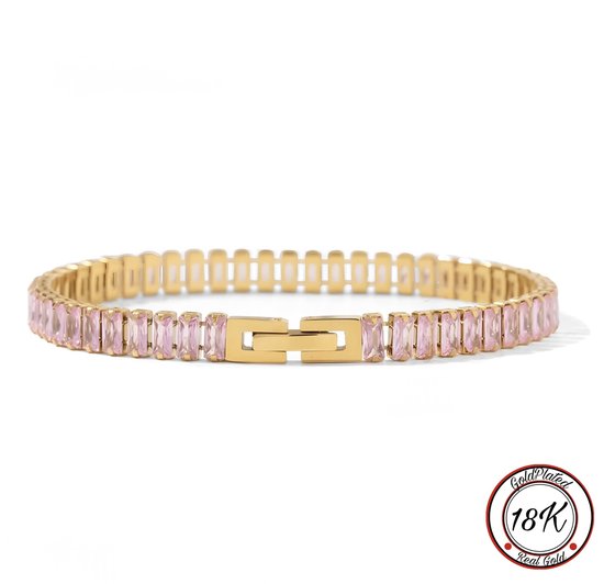 Borasi Tennis Armband Roze | 18K Goldplated | 18 cm | Roze Zirkonia Stenen | Tennis Armband | Dames Sieraden | Vrouwen Sieraden | Moederdag Cadeau | Cadeau Voor Haar | Elegante Armband | Luxe Geschenkzakje | Verjaardag Cadeau |