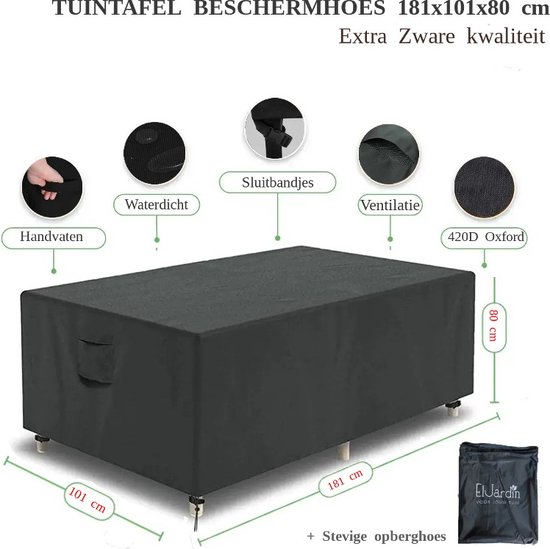 Tuinmeubelhoezen 230 x 105 x 110 cm Rechthoekige terrastafelhoes voor tuinmeubilair Beschermhoes, scheurvast 420D Oxford waterdicht, winddicht, anti-UV met gespen en trekkoord zwart