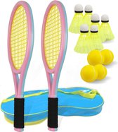 Kindertennisracket, 17 inch kunststof tennisracket met 4 zachte ballen en 6 shuttles voor kinderen, peuters, outdoor/indoorsport (blauw en roze)