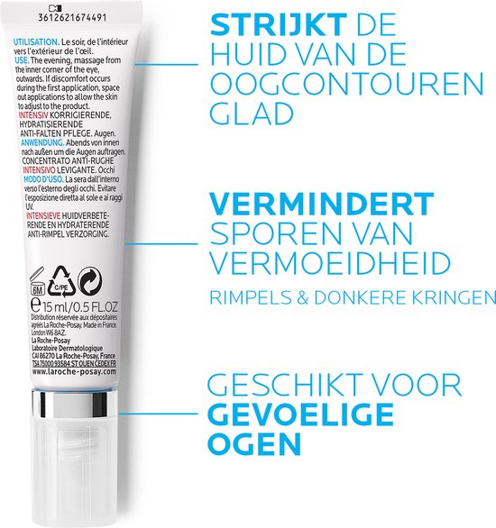 La Roche-Posay tube oogcrème met tekst over strijken van de huid, vermindering van vermoeidheid en geschiktheid voor gevoelige ogen.