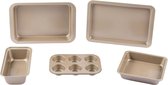 Bakes 5 Piece Bakeware Set – Non-Stick Coated Roaster Baking Tray Square Pan Loaf Tin Muffin Tray Oven Safe Up To 220°C PFOA-Free For Cake/Cookies/Bread/Muffins Gold Square baking pan