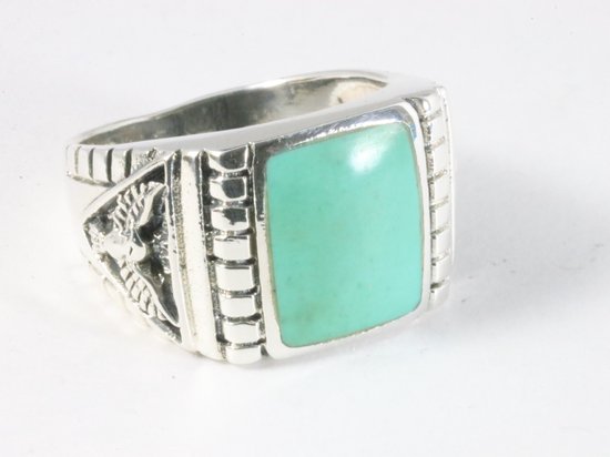 Zware bewerkte zilveren ring met groene turkoois - maat 19.5