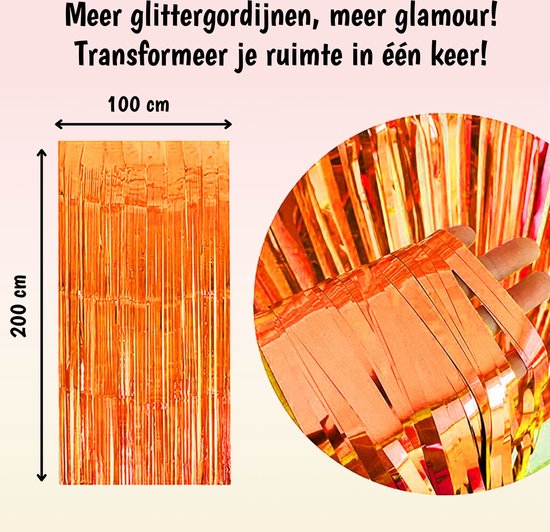 Oranje glittergordijn van 100x200 cm, met een close-up van de franjes.