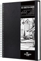 A3 schetsboek, 200 gsm dik papier, spiraalgebonden tekenboek A3 hardcover, schetsblok voor schetsen, illustratie, portret, 50 vellen/100 pagina's