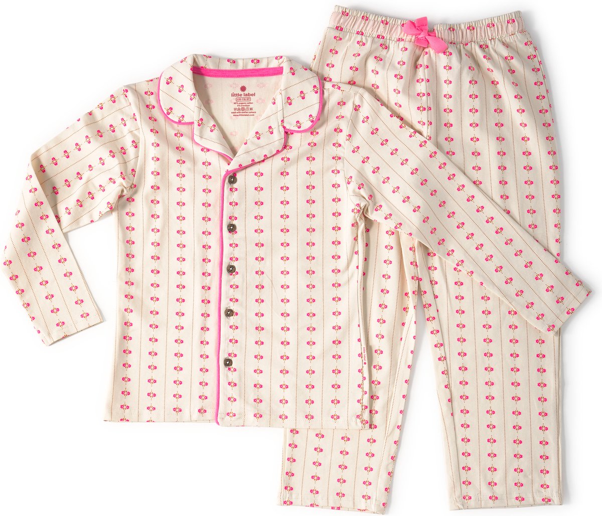 Little Label - meisjes pyjama - wit bloemetjes verticaal - 14Y/158-164 - Zachte BIO Katoen