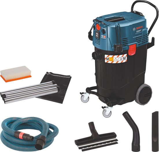 Bosch bouwstofzuiger met accessoires: filter, zak, buizen, slang en mondstukken.