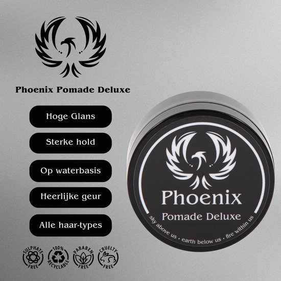 Zwarte pot met de tekst 'Phoenix Pomade Deluxe' en een logo van een feniks. Kenmerken: Hoge Glans, Sterke hold, Op waterbasis, Heerlijke geur, Alle haar-types.