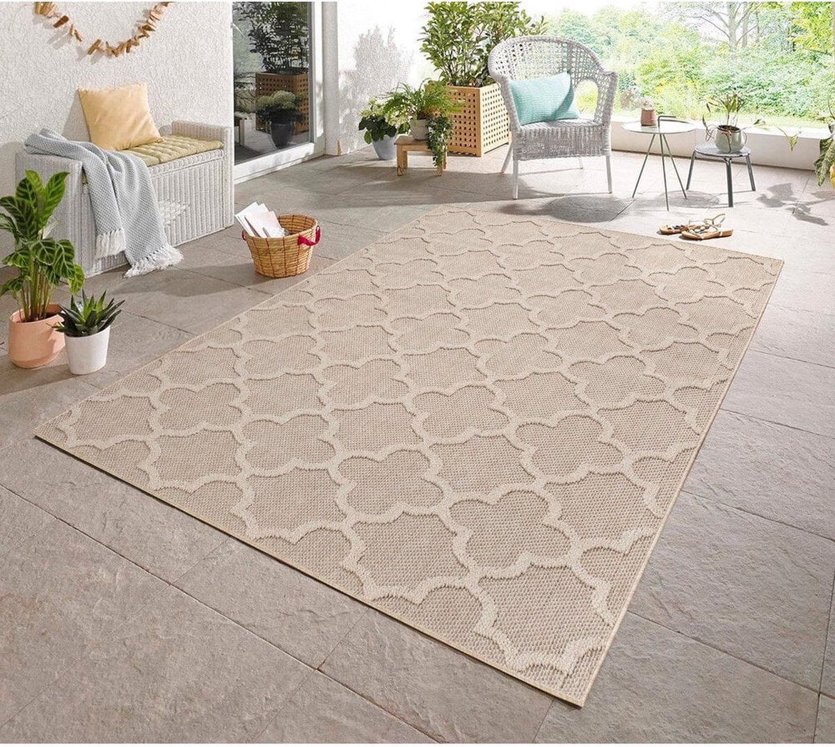 Flycarpets Tenedo Vloerkleed / Buitenkleed - Binnen & Buiten - Beige - Laagpolig - Berber Motief - 240x340 cm