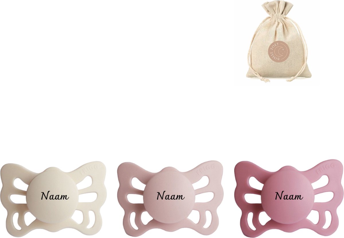 Goedkoopste Frigg butterfly spenen siliconen anatomisch met naam T1 (0-6 maanden) speenzakje - Cream, Blush en Cedar - fopspenen