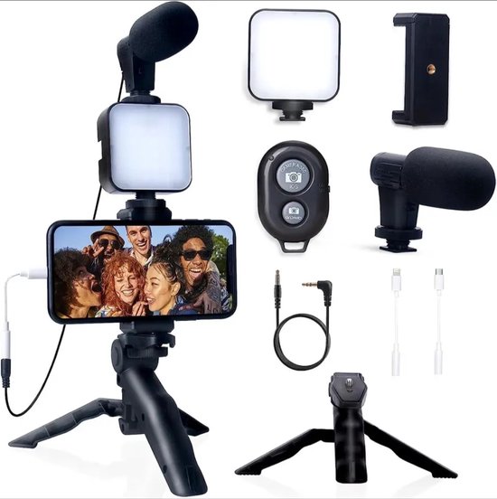 Foto: Gabrys mini vlog set voor iphone telefoon kit voor vloggen smartphone houder led licht microfoon foto afstandsbediening inclusief passende kabel