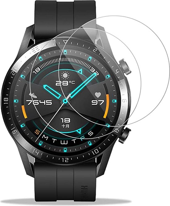 Zwarte smartwatch met ronde wijzerplaat en een screenprotector in de vorm van een cirkel.