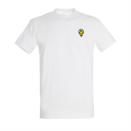 T-Shirt - Wit - Melting Smiley - geborduurd logo - 100% katoen - Comfort Fit