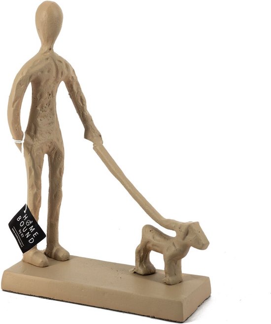 Statue déco métal homme avec chien beige