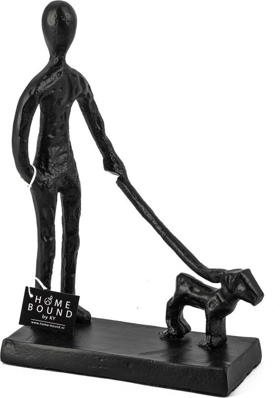Zwarte metalen decoratiebeeld: man met hond - handgemaakt kunstwerk voor woonruimtes en tuinen - perfect geschenk voor hondenliefhebbers