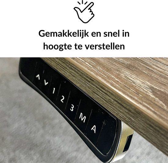 Close-up van een bedieningspaneel met cijfers en letters voor hoogteverstelling, met tekst 'Gemakkelijk en snel in hoogte te verstellen'.