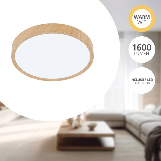 Ronde plafondlamp met houtlook rand, warm wit licht, 1600 lumen.