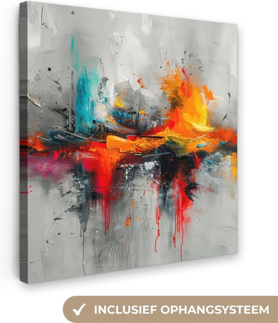 Tableau sur toile 90x90 cm - Décoration murale moderne - Oranje - Grijs - Art - Décoration murale salon - Décoration chambre moderne - Tableaux abstraits