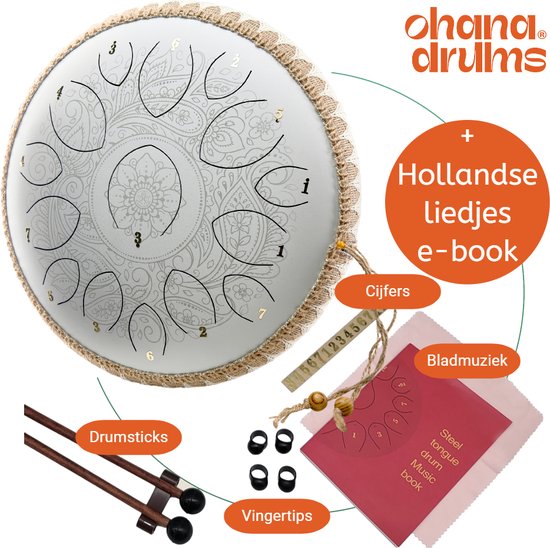 Foto: Ohana drums handpan 36 cm bloesem wit tongue drum klankschaal 15 noten handpan tong drum klankschalen yoga drum lotus tong steeldrum muziekinstrument voor kinderen mindfulness muziektherapie percussie instrumenten