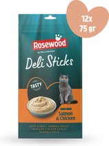 Rosewood by Pets Unlimited - Deli Sticks - mousse voor katten - Zalm en Kip - 12 zakjes à 5 stuks x 15g