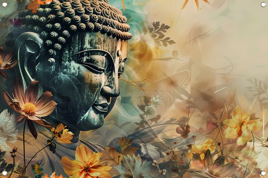 Boeddha tuinposter - Sculptuur tuinposter - Tuinposters Bloemen - Buiten poster - Tuindoek - Tuindecoratie muurdecoratie tuinposter 60x40 cm