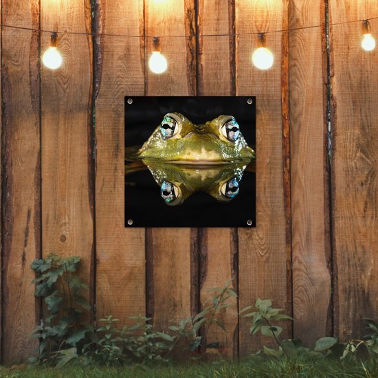 Tuinposter 50x50 cm - Tuindecoratie Kikker - Ogen - Portret - Poster voor in de tuin - Buiten decoratie - Schutting tuinschilderij - Tuindoek muurdecoratie - Wanddecoratie balkondoek