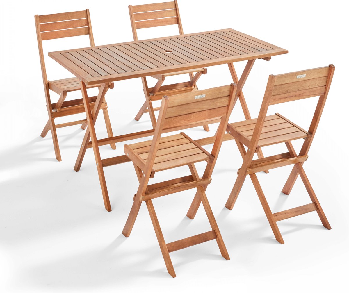 Tuintafel en 4 inklapbare houten stoelen van Oviala - Tuinset.