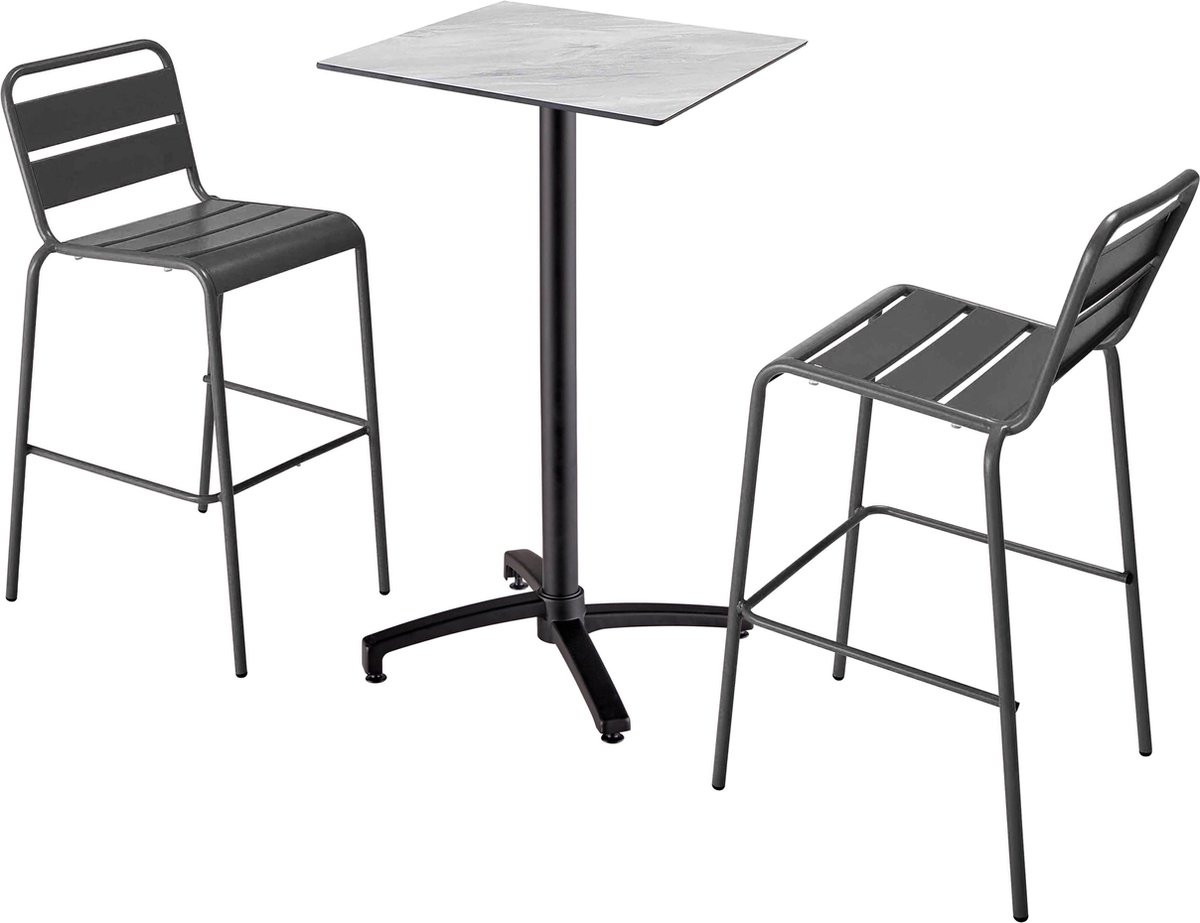 Oviala - Set hoge tafel met marmeren laminaat en 2 grijze hoge stoelen