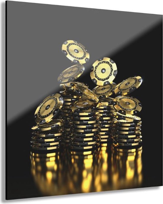 Indoorart - Glasschilderij gouden pokerchips 50x50 CM - Afbeelding op plexiglas - Inclusief montagemateriaal