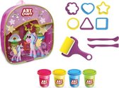 Dede Art Craft Play Dough Set, dinosaurus/eenhoorn tasje, blauw of roze, speelklei set, 4 verschillende kleuren Play Dough, verschillende speelvormpjes