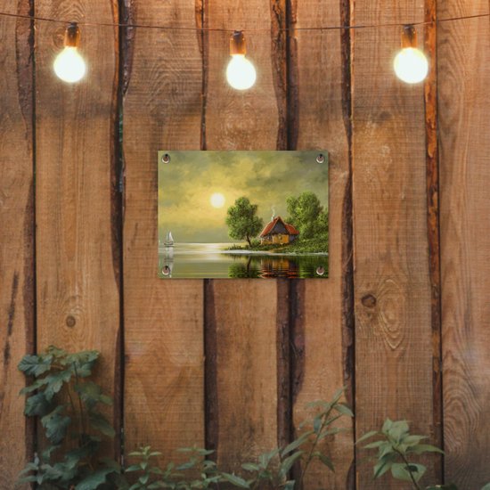 Tuin decoratie Schilderij - Olieverf - Huis - Natuur - Water - 40x30 cm - Tuindoek - Buitenposter