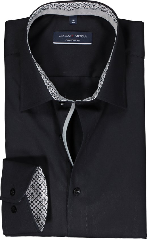 CASA MODA comfort fit overhemd - popeline - zwart - Strijkvriendelijk - Boordmaat: 42