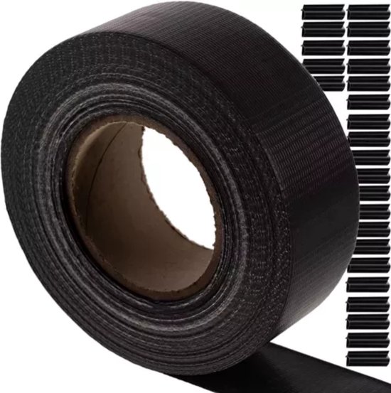 Zwarte rol vlechtband met 35 meter lengte en 4,75 cm breedte, met 40 klemmen.