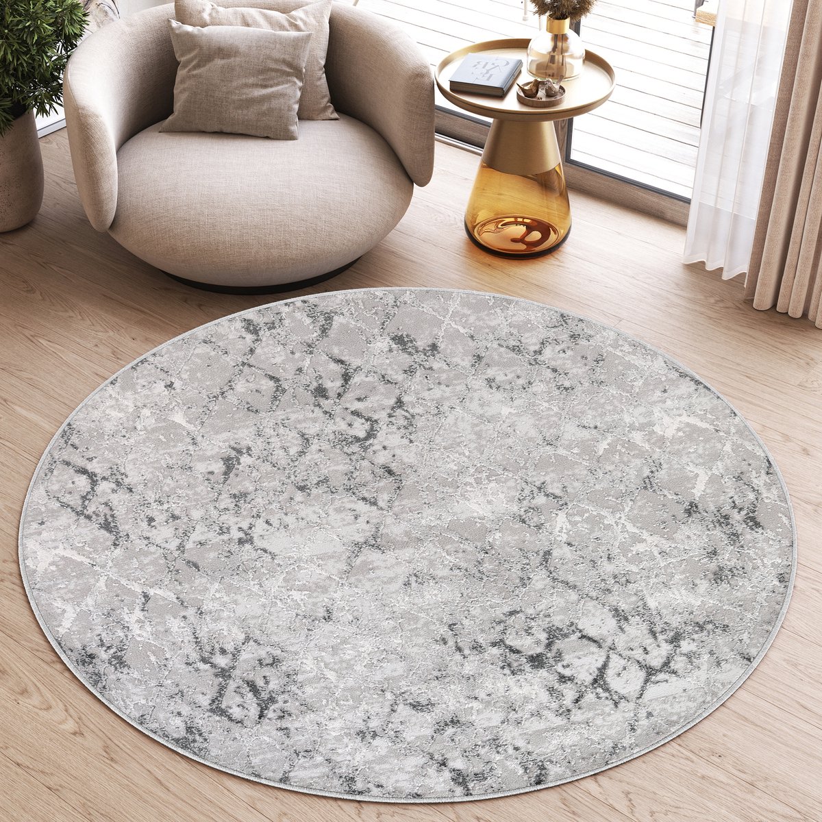 Tapiso Sky Rond Vloerkleed Hoogpolig Grijs Trellis Woonkamer Tapijt Maat- 160x160