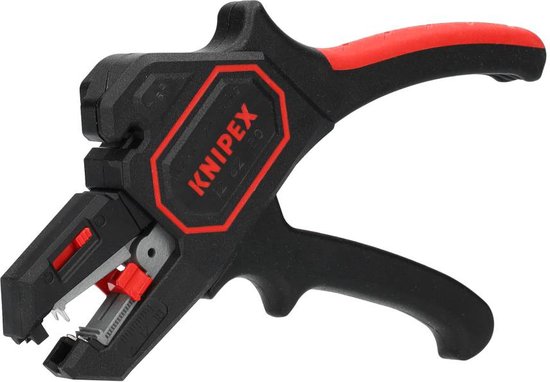 Zwart Knipex stripgereedschap met rode accenten, op een witte achtergrond.