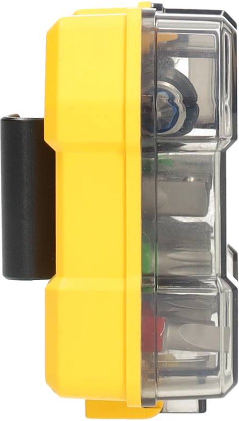 Gele DeWalt bitset, zijaanzicht met gesloten transparante cassette en zwarte clip.