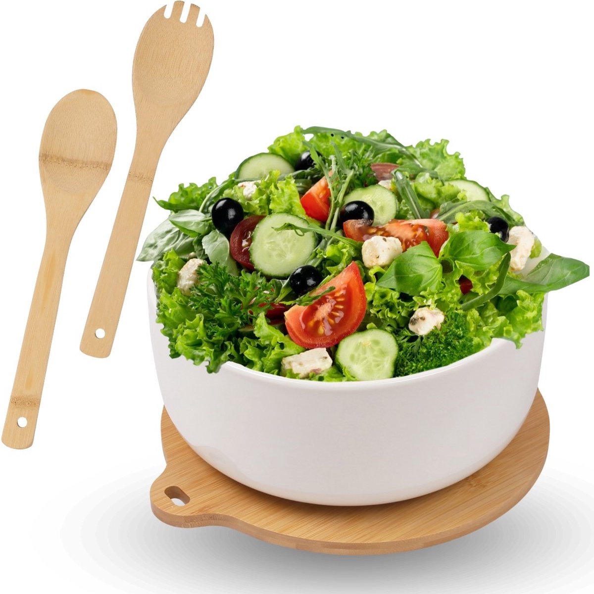PRODUKT Porseleinen Saladeschaal met Bamboe Onderstel + 2 Lepels Ø 25cm