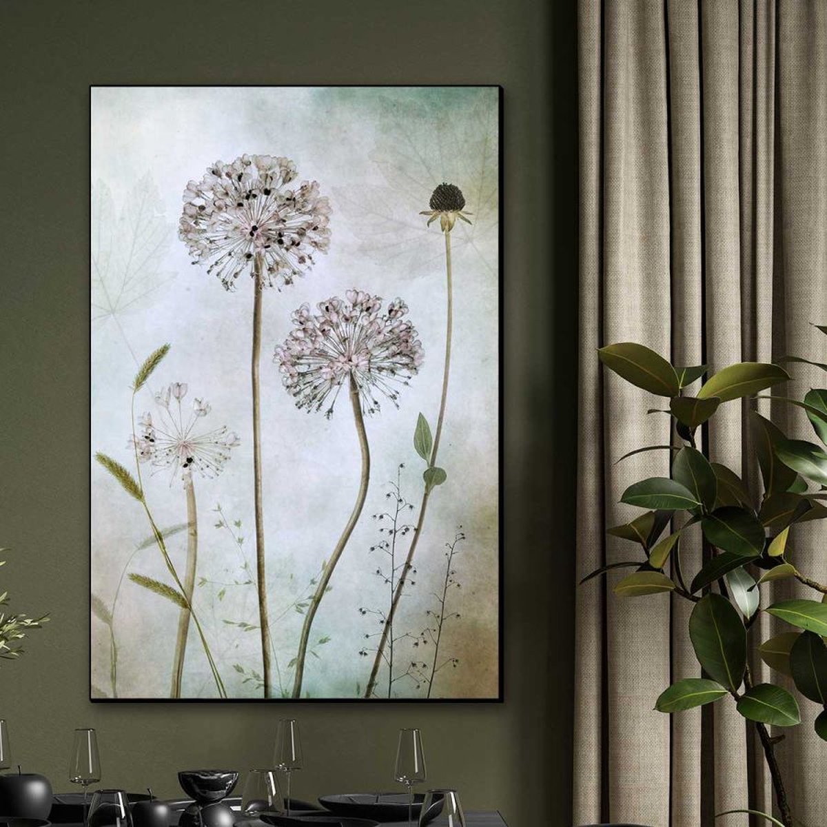 Art Frame - Bloemen en grassen sobere kunst | 70 x 105cm | Verwisselbaardoek | Zwart frame | Wanddecoratie | Schilderijen op doek | Staand