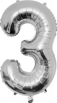 Folie ballon cijfer 3 - 86 cm - Zilver - verjaardag - jubileum - geschikt voor helium en lucht - inclusief rietje