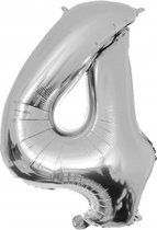 Folie ballon cijfer 4 - 86 cm - Zilver - verjaardag - jubileum - geschikt voor helium en lucht - inclusief rietje