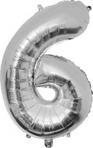 Folie ballon cijfer 6 - 86 cm - Zilver - verjaardag - jubileum - geschikt voor helium en lucht - inclusief rietje